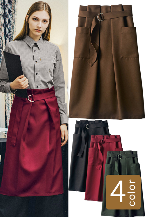 飲食店販売店制服 オシャレすぎるサロンエプロン　個性的フロントプリーツ、大きめフロントバックル