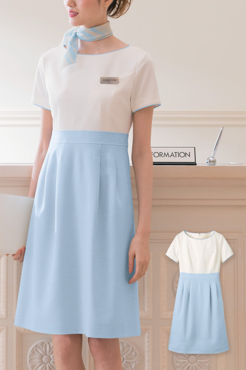【受付フロント・コンシェル・販売店制服ユニフォーム】パステルバイカラーの優しいワンピース