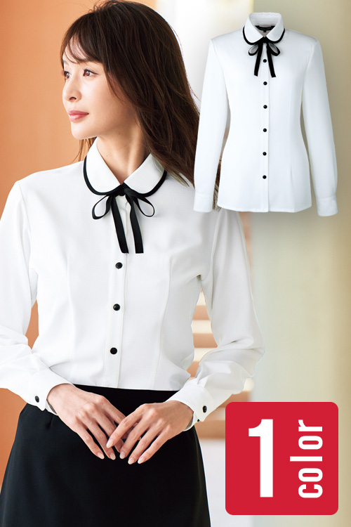 【受付案内・コンシェルジュ制服 】リボンがかわいいパイピング丸襟ブラウス