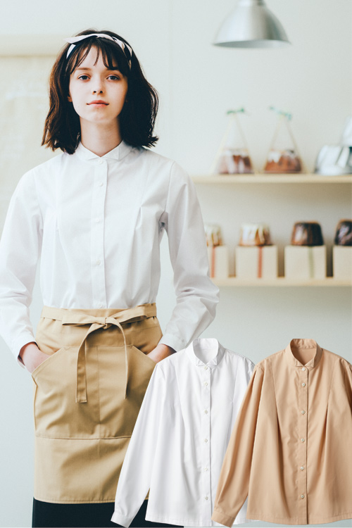 【飲食店販売店制服】ふんわりかわいいウイングカラーレディス長袖シャツ・ブラウス【女性用】