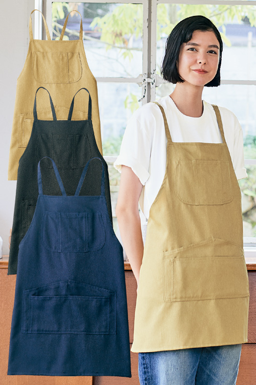 飲食店販売店制服　胸付タスキエプロン　短め軽いポケットたくさんでかわいい【3色】男女兼用