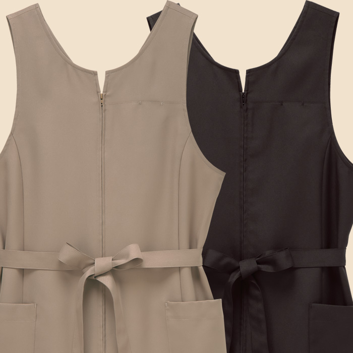 【販売店・サロン制服】エプロンドレス2色【女性用】　前ファスナーで着脱ラクラク　ウエストリボンがアクセント　スペック
