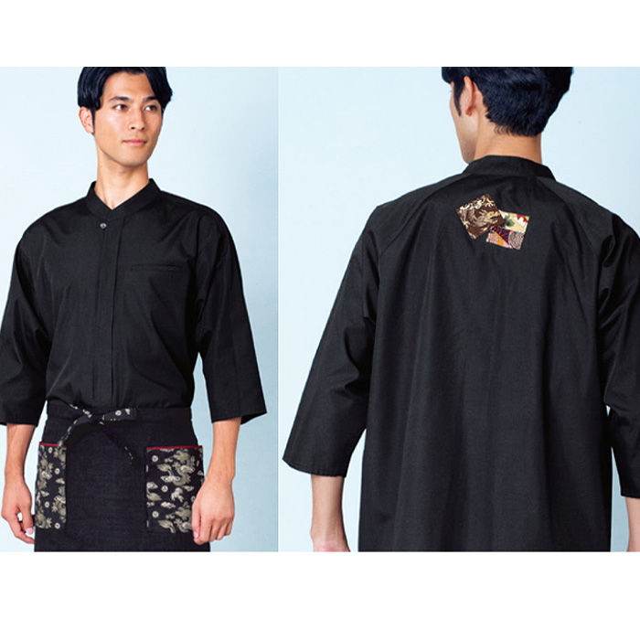 和シャツ　和飲食店制服　ワッフル　赤　ベージュ　兼用 　model