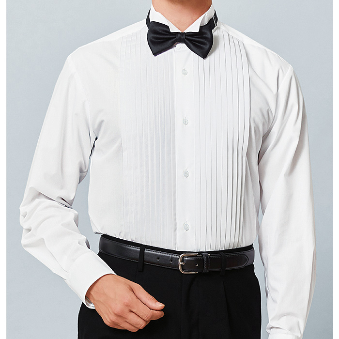 【飲食店販売店制服】ピンタック 長袖ウイングカラーシャツ【男性用】ピンタック左右10本 タイループ付き　スペック
