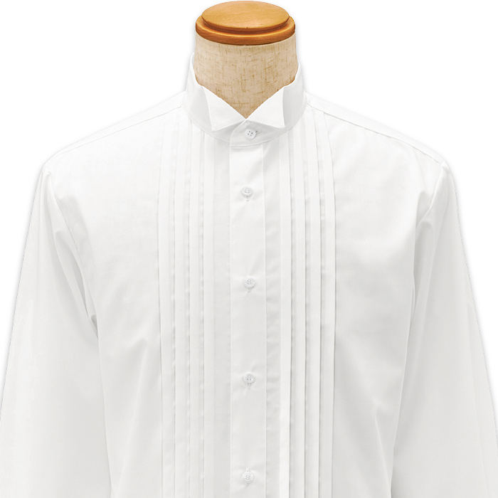 【飲食店販売店制服】ピンタック 長袖ウイングカラーシャツ【男性用】ピンタック左右4本 タイループ付き　スペック