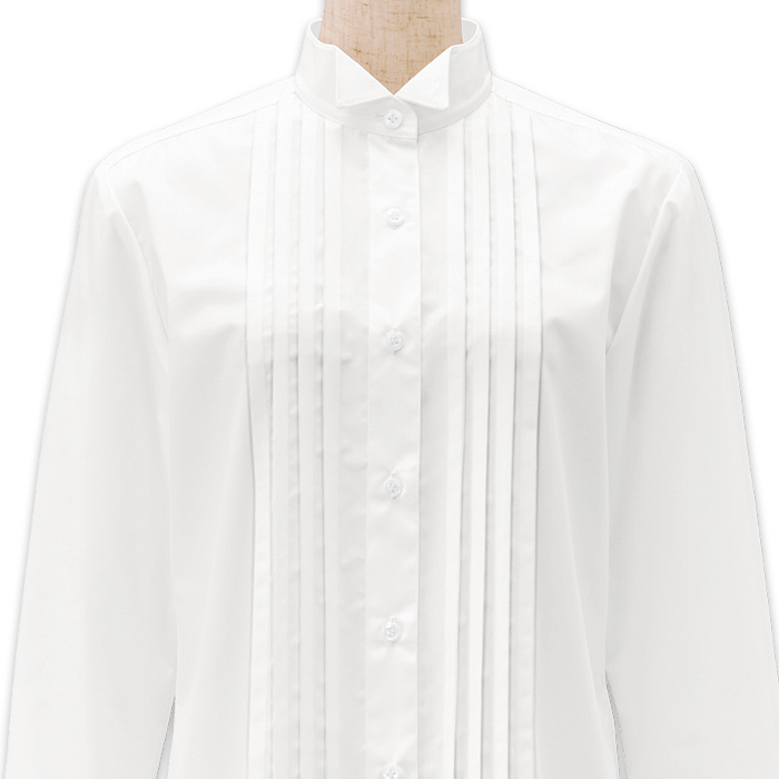 【飲食店販売店制服】ピンタック 長袖ウイングカラーシャツ【女性用】ピンタック左右4本 タイループ付き　スペック