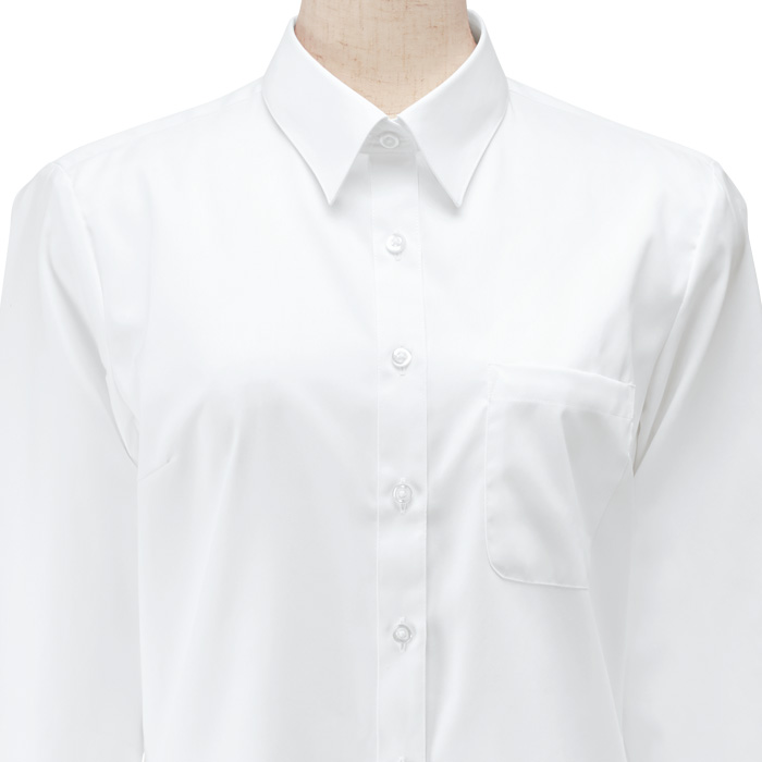 【飲食店販売店制服】定番 長袖レギュラーカラー白シャツ【女性用5号~21号】ＵＶカット・透け防止・形態安定性　スペック