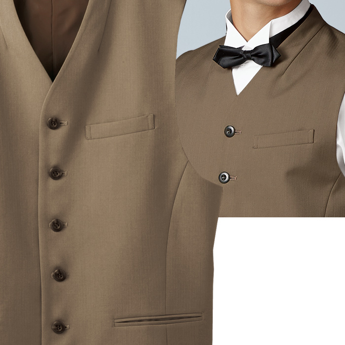 【飲食店販売店制服】襟なしミニヘリンボーンベスト3色【男性用】見る角度で表情変わる上品な仕上がり スペック