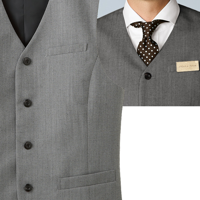 【飲食店販売店制服】襟なし カルゼ グレーベスト【男性用】凹凸ある白黒シャンブレー スペック