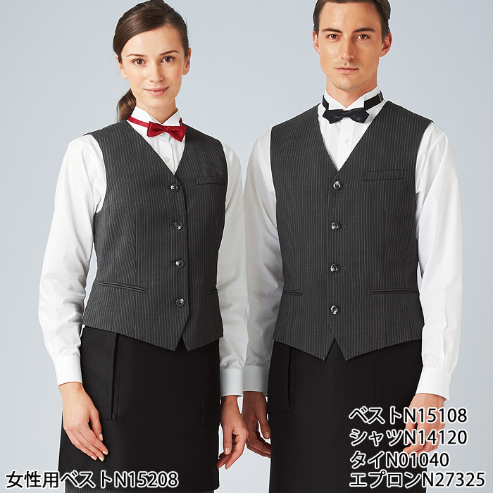 【飲食店販売店制服】襟なしチャコールグレーベスト【男性用】重厚感のあるシャドーストライプ柄 　スペック