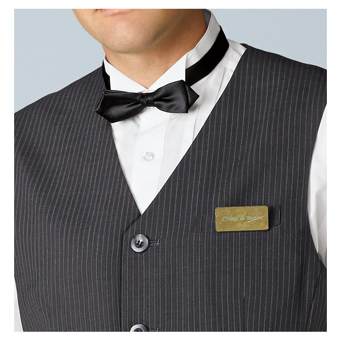 【飲食店販売店制服】襟なしチャコールグレーベスト【男性用】重厚感のあるシャドーストライプ柄 　スペック