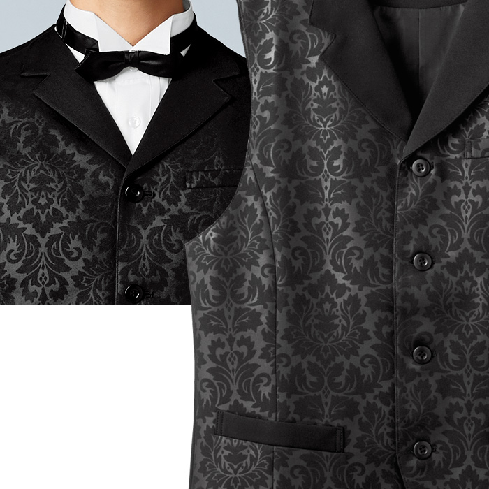 【飲食店販売店制服】襟付きエンボスブラックベスト【男性用】エレガントで格調高いダマスク柄 スペック