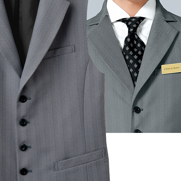 【飲食店販売店制服】襟付き ヘリンボーン グレーベスト【男性用】上品でクラシックな印象 スペック