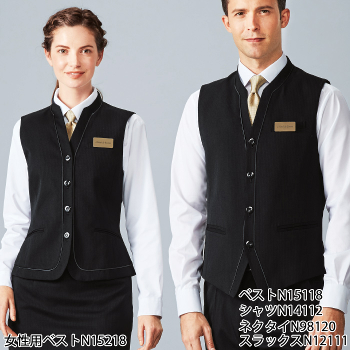 【飲食店販売店制服】襟付きブラックベスト【男性用】中空糸ストライプウール スペック