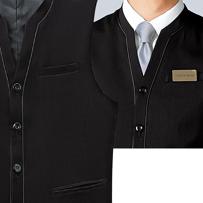 【飲食店販売店制服】襟付きブラックベスト【男性用】中空糸ストライプウール スペック