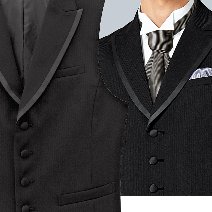 【飲食店販売店制服】襟付きブラックベスト【男性用】中空糸ストライプウール スペック