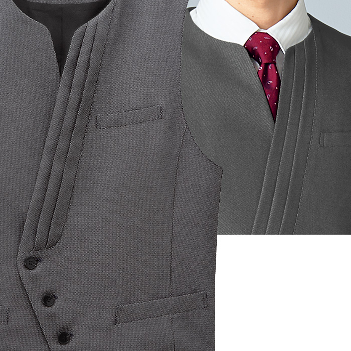 【飲食店販売店制服】襟なし グレーベスト【男性用】つややかな光沢が魅力　スペック