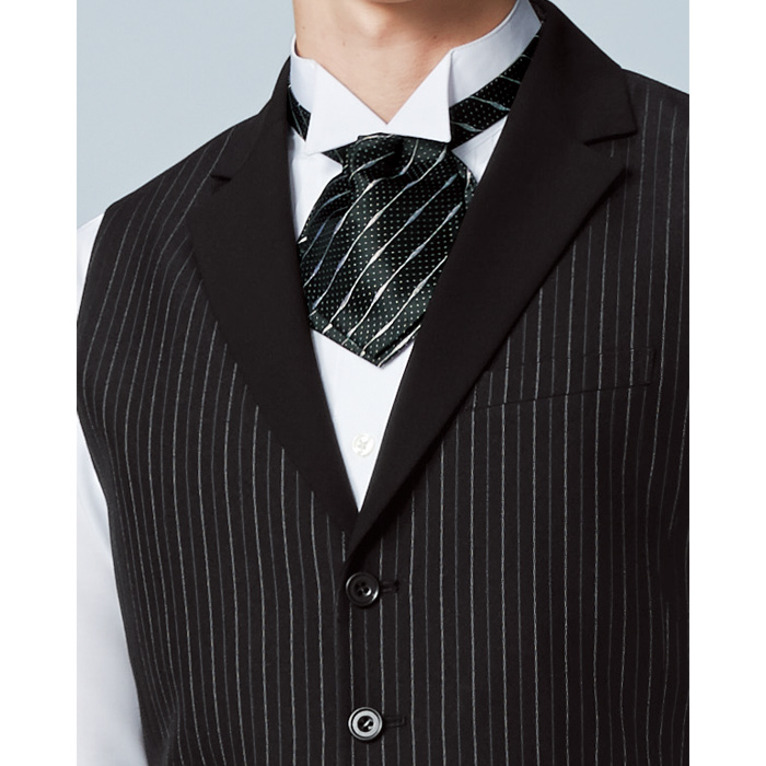 【飲食店販売店制服】襟付きストライプブラックベスト【男性用】光沢感を抑えた深みある黒 スペック
