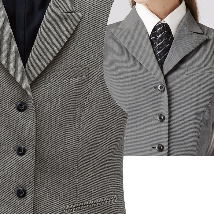 【飲食店販売店制服】襟付き カルゼ グレーベスト【女性用】凹凸ある白黒シャンブレー スペック