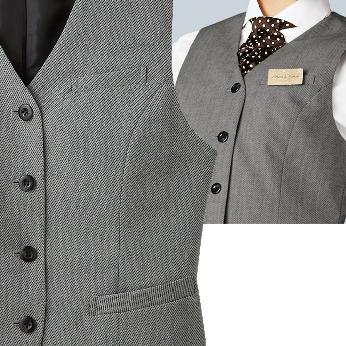【飲食店販売店制服】襟なし カルゼ グレーベスト【女性用】凹凸ある白黒シャンブレー スペック