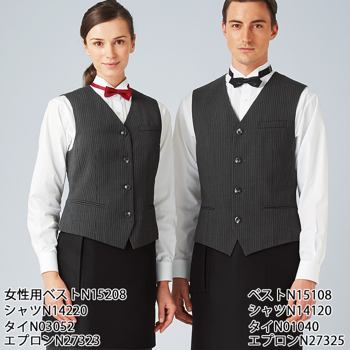 【飲食店販売店制服】襟なしチャコールグレーベスト【女性用】重厚感のあるシャドーストライプ柄 　スペック