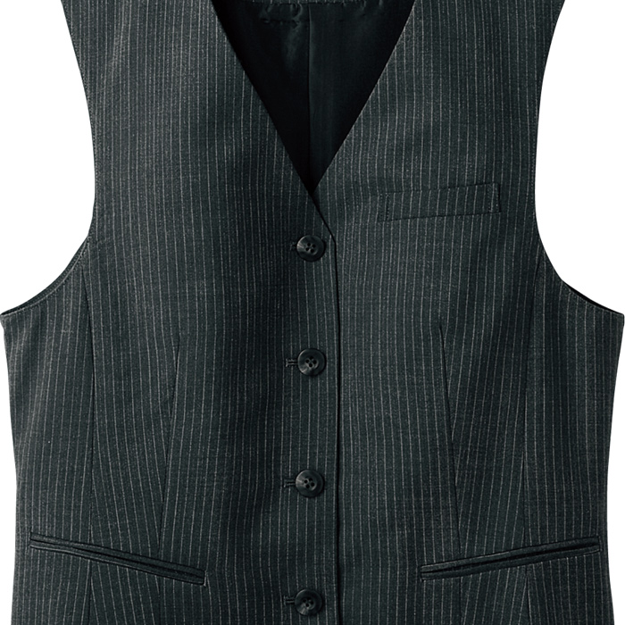 【飲食店販売店制服】襟なしチャコールグレーベスト【女性用】重厚感のあるシャドーストライプ柄 　スペック