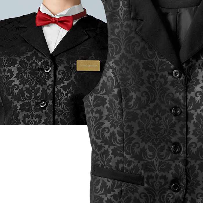 【飲食店販売店制服】襟付きエンボスブラックベスト【女性用】エレガントで格調高いダマスク柄 スペック