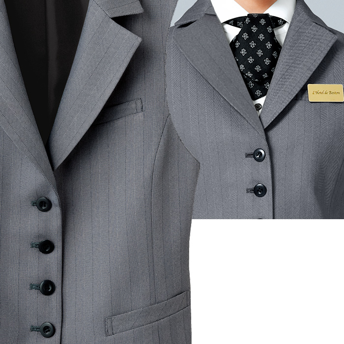 【飲食店販売店制服】襟付き カルゼ グレーベスト【女性用】凹凸ある白黒シャンブレー スペック