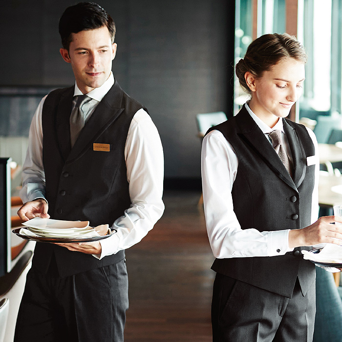 【飲食店販売店制服】襟付きブラックベスト【女性用】中空糸ストライプウール スペック