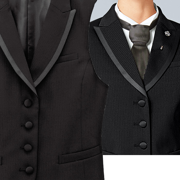 【飲食店販売店制服】襟付きブラックベスト【女性用】中空糸ストライプウール スペック