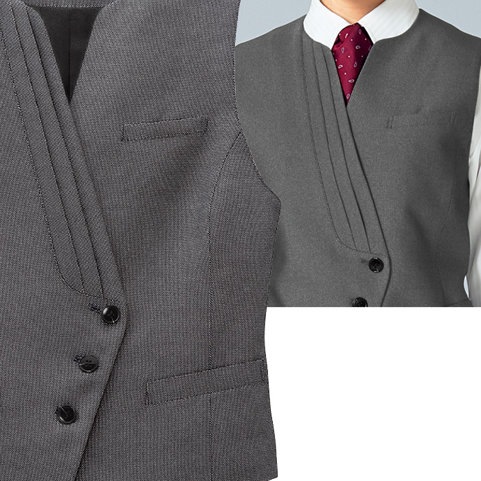 【飲食店販売店制服】襟なし グレーベスト【女性用】つややかな光沢が魅力　スペック