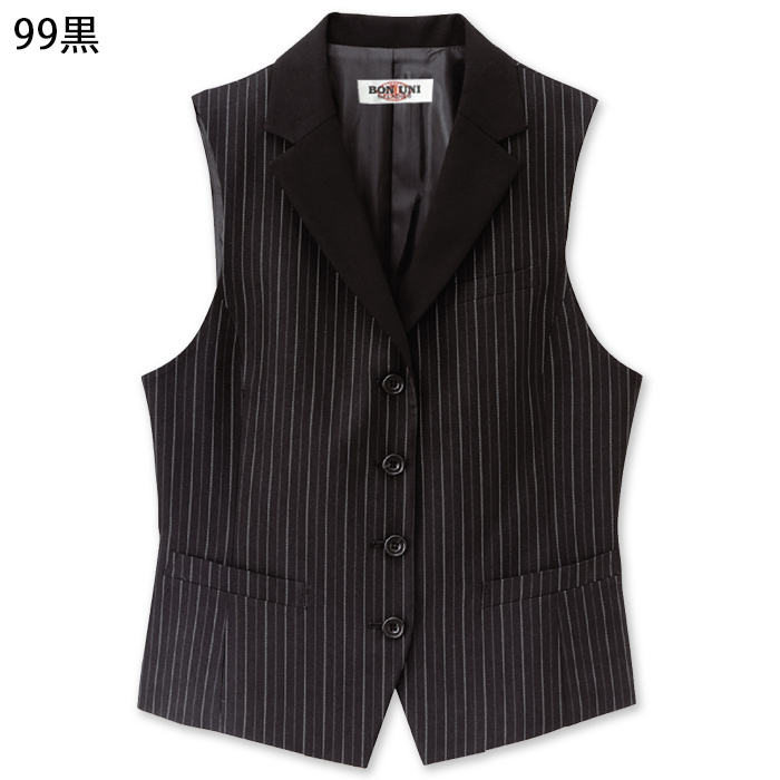 【飲食店販売店制服】襟付きストライプブラックベスト【女性用】光沢感を抑えた深みある黒　色