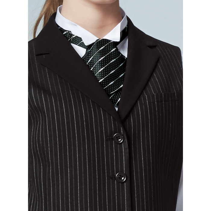 【飲食店販売店制服】襟付きストライプブラックベスト【女性用】光沢感を抑えた深みある黒　スペック