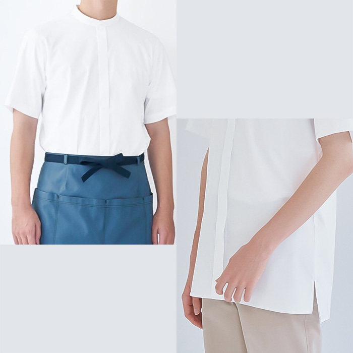 【飲食店販売店制服】SSS〜6Lサイズ 透けない高ストレッチ スタンドカラー半袖シャツ【兼用】　生地スペック