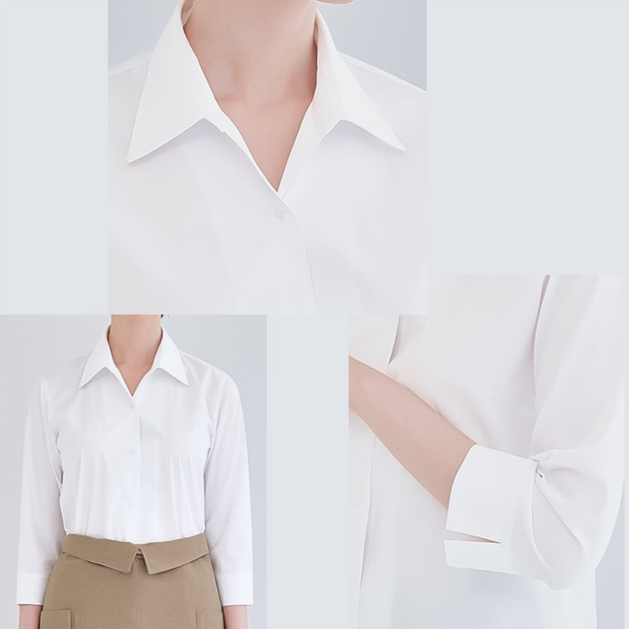 【飲食店販売店制服】5~19号サイズ 高ストレッチ 開襟スキッパー七分袖シャツ【女性用】 生地スペック