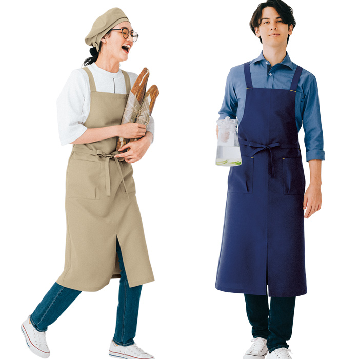 胸当てエプロン　X型　タスキ　お尻が隠れる　イージーケア　リップガード　耐塩素　撥水撥油　防汚　制電　スペック