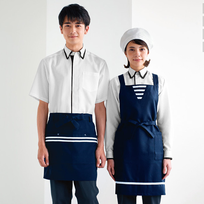 飲食店販売店制服　ボタンダウンシャツ(長袖)【兼用】2色　ドットの配色が可愛い爽やかシャツ 男女兼用　モデル