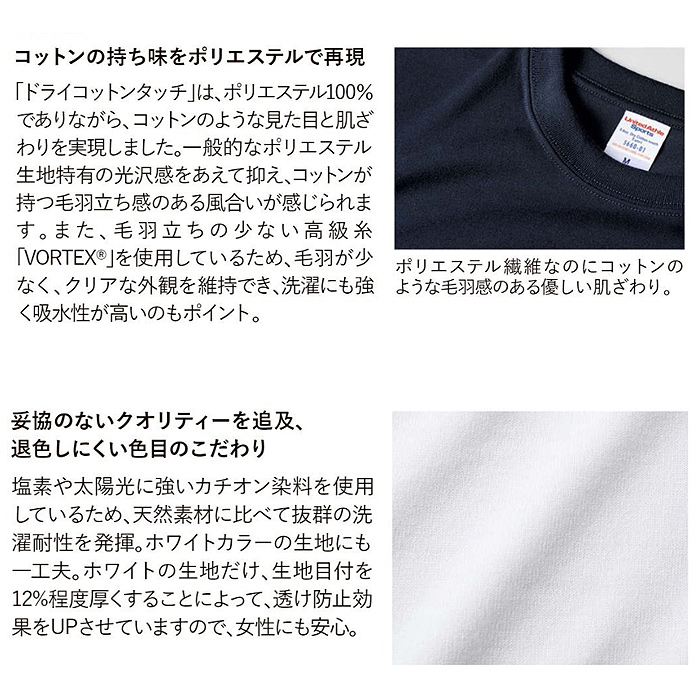 ポリエステル100%Tシャツ(男女兼用)5.6オンス　シワになりにくい　スペック