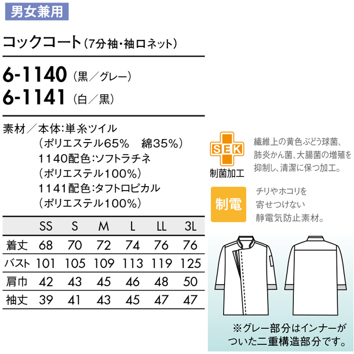 スマートデザイン制菌&袖ネット付HACCP調理コート　サイズ