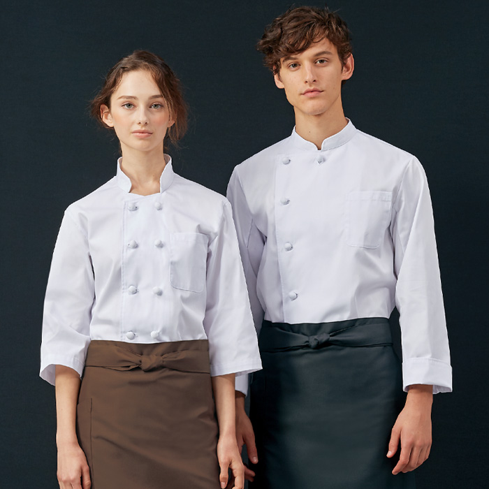 【飲食店販売店制服】シンプルなコックコート　長袖】　商品説明