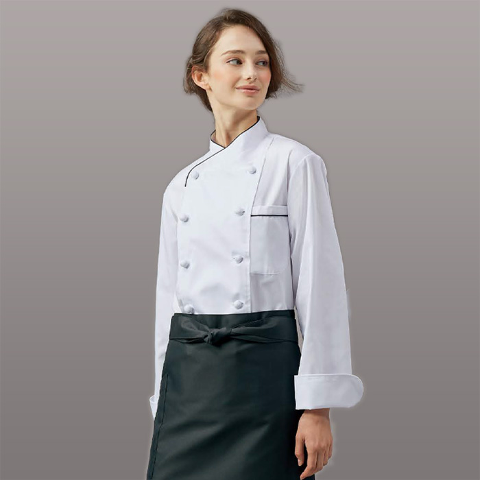 【飲食店販売店制服】シンプルなコックコート　ラインあり　アシメトリー　ダブル仕様】　商品説明