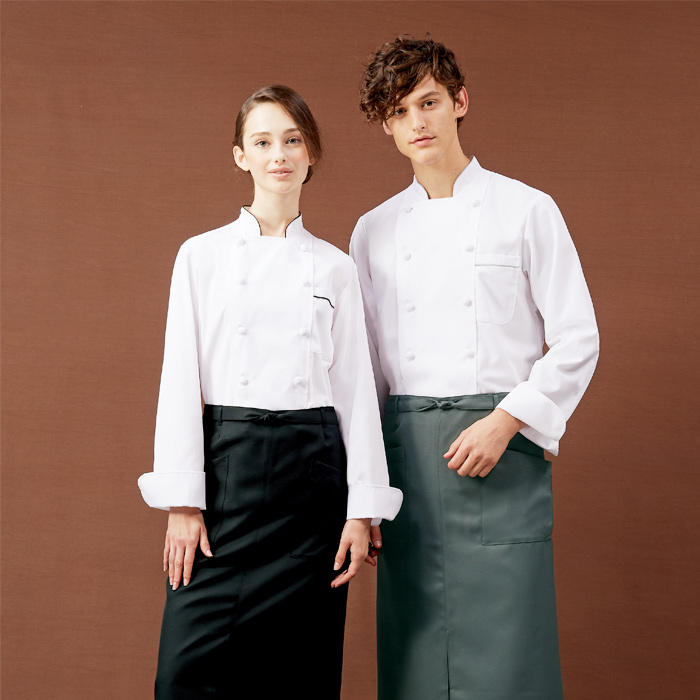 【飲食店販売店制服】シンプルなダブルコックコート　フロントファスナー式【男女兼用】　商品説明