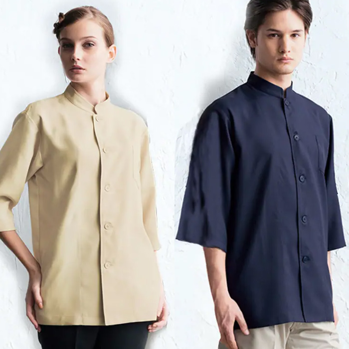 五分袖シングルコックシャツ【Unisex】5色　SS～5L　ストレッチ・制電・透け防止・防汚加工　スペック