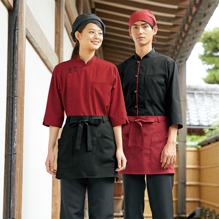 【飲食店販売店制服】腰ひもループ付きでキレイに着れる　腰下ショートエプロン【5色】