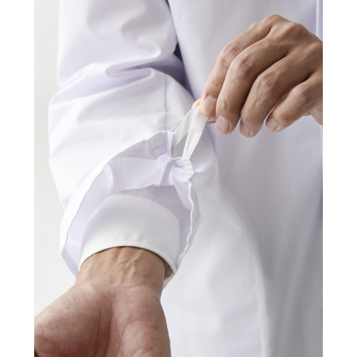 【研究系・食品開発・管理栄養士】ボタンが隠れるシングル白衣【男性用】袖口絞れる2WAYタイプ スペック