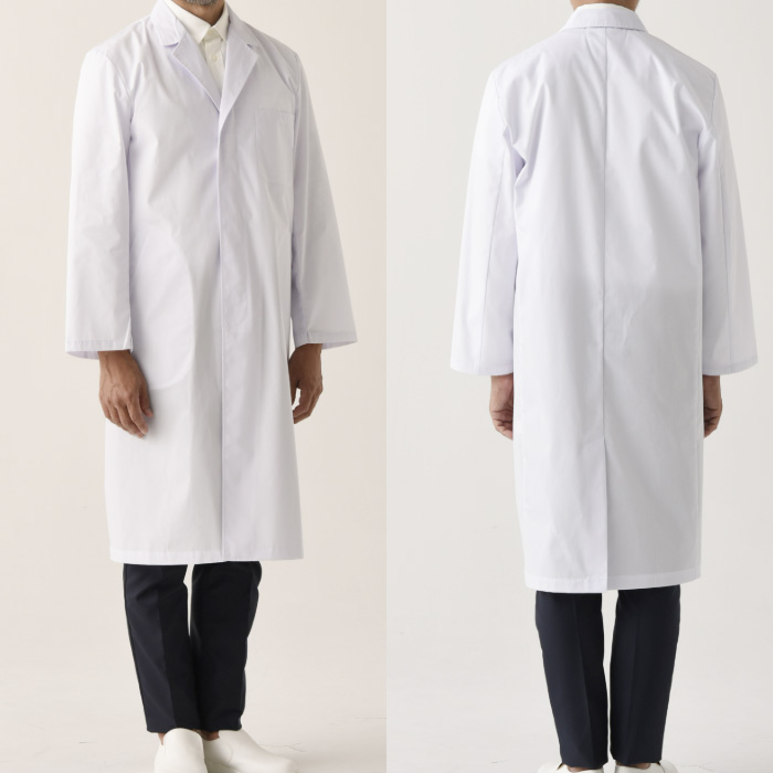 【研究系・食品開発・管理栄養士】ボタンが隠れるシングル白衣【男性用】袖口絞れる2WAYタイプ スペック
