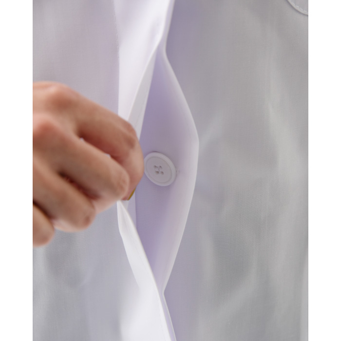 【研究系・食品開発・管理栄養士】ボタンが隠れるシングル白衣【女性用】袖口絞れる2WAYタイプ スペック