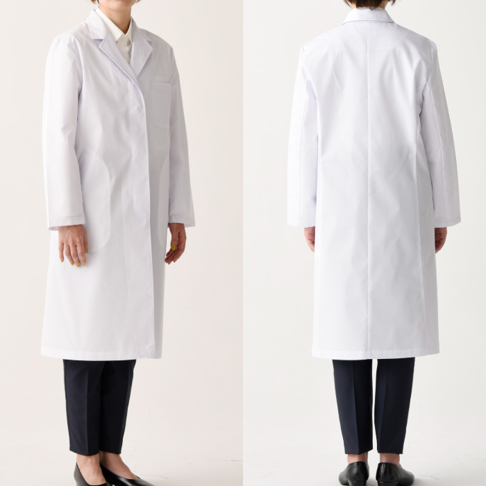 【研究系・食品開発・管理栄養士】ボタンが隠れるシングル白衣【女性用】袖口絞れる2WAYタイプ スペック