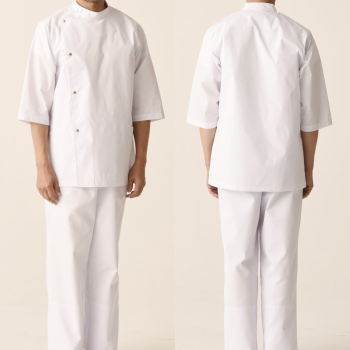 【栄養士・薬局】七分袖白衣【男性用】金属ドットボタンでメディカルらしさを感じさせるデザイン スペック