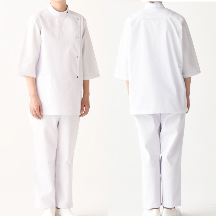 【栄養士・薬局】七分袖白衣【女性用】金属ドットボタンでメディカルらしさを感じさせるデザイン スペック